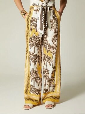 STUDIO F, Wide-Leg Palm Print Tie-Waist Pants - Yellow/Brown
